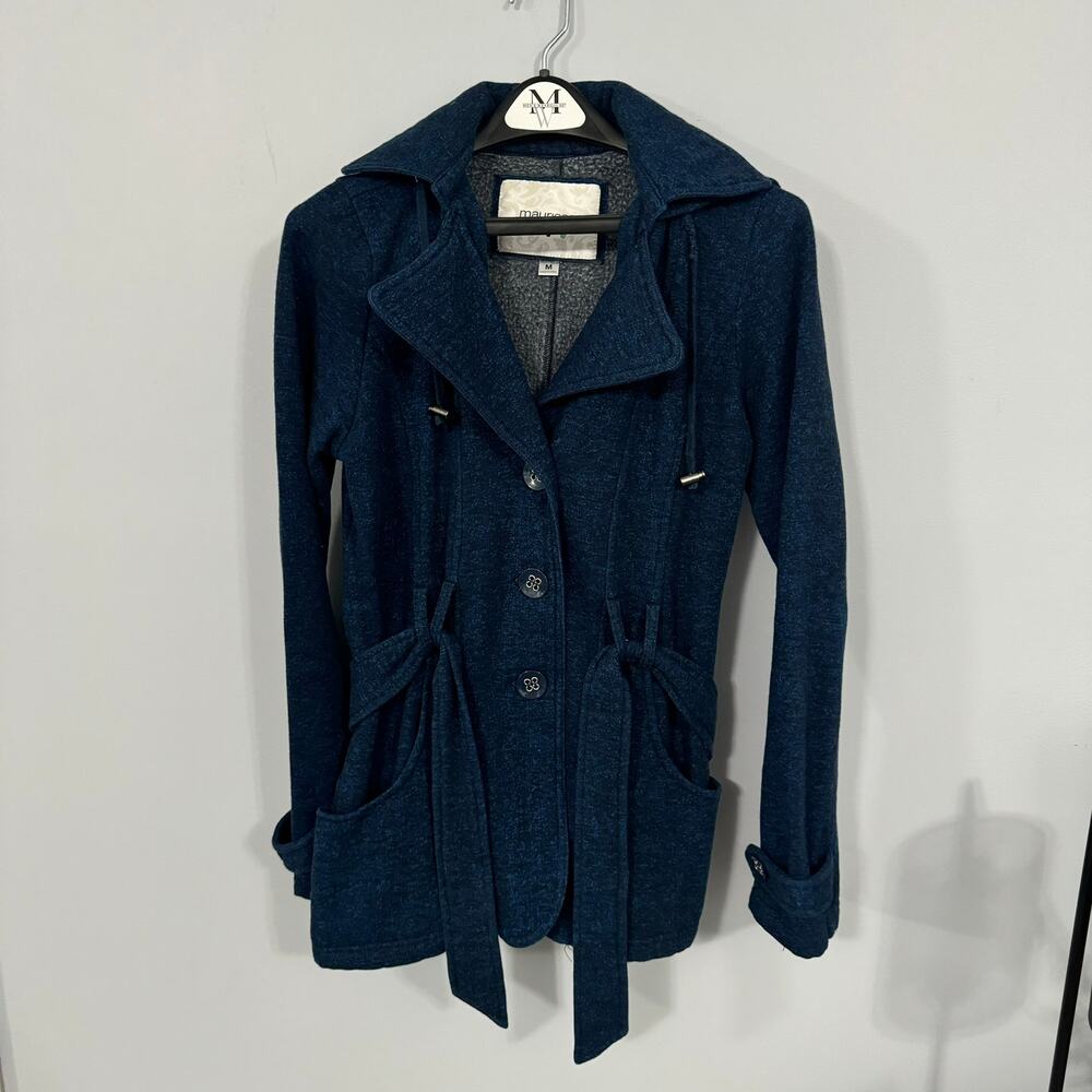 Maurices Hooded Button Down Belted Jacket Women's Size Medium Blue w/ Black
